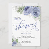 Invitation Fête des mariées, Bleu et Argent, Fleurs aquarelle (Devant)