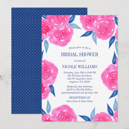 Invitation Fête des mariées bleu marine Aquarelle rose (Devant / Derrière)