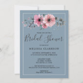 Invitation Fête des mariées bleu poussiéreux aux fleurs rusti (Devant)
