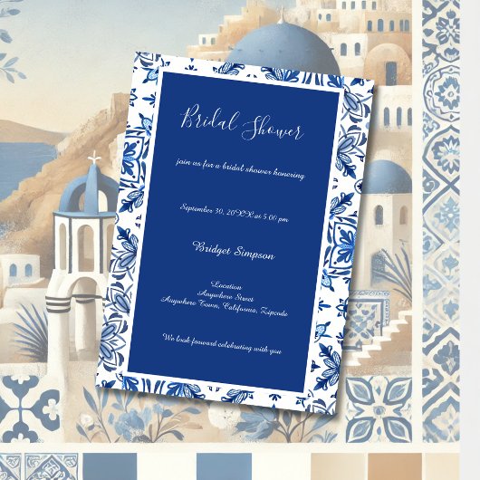 Invitation Fête des mariées bleue et blanche grecque