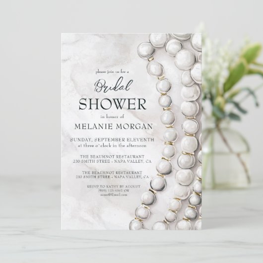 Invitation Fête des mariées bleue perles blanches (Debout devant)