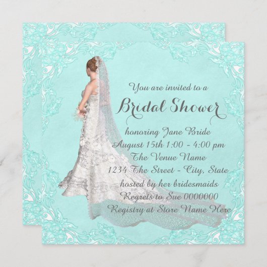 Invitation Fête des mariées bleue turquoise (Devant / Derrière)