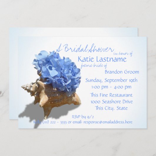 Invitation Fête des mariées Blue Hydrangea et Seashell (Devant / Derrière)