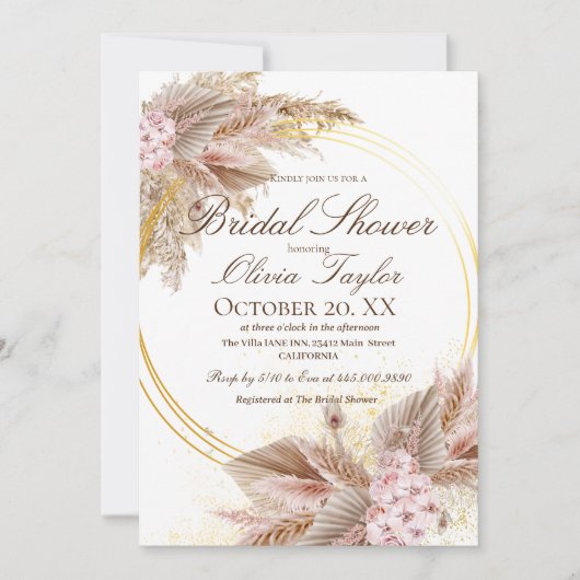 Invitation Fête des mariées Bohême Boho Pampas Rose Fleur (Devant)