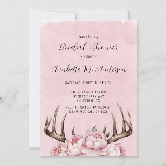 Invitation Fête des mariées Boho Antler et Pink Peonies (Devant)