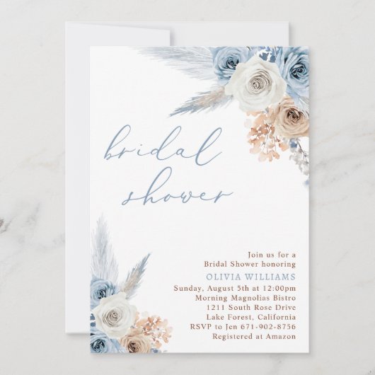 Invitation Fête des mariées Boho bleu Dusty (Devant)