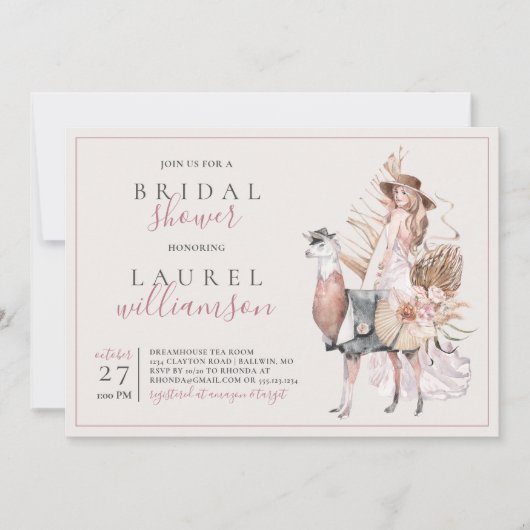 Invitation Fête des mariées Boho Bride et Llama Formelle (Devant)