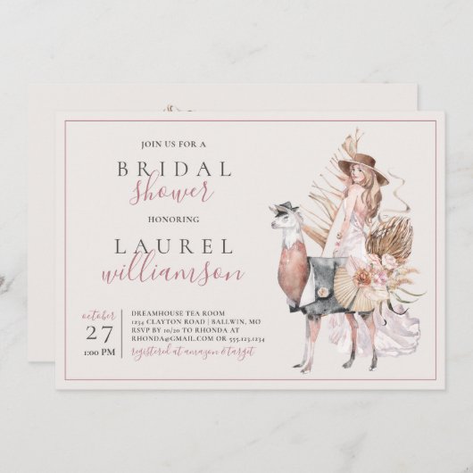 Invitation Fête des mariées Boho Bride et Llama Formelle (Devant / Derrière)