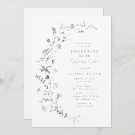 Invitation Fête des mariées Boho Fleur sauvage bleu (Devant / Derrière)