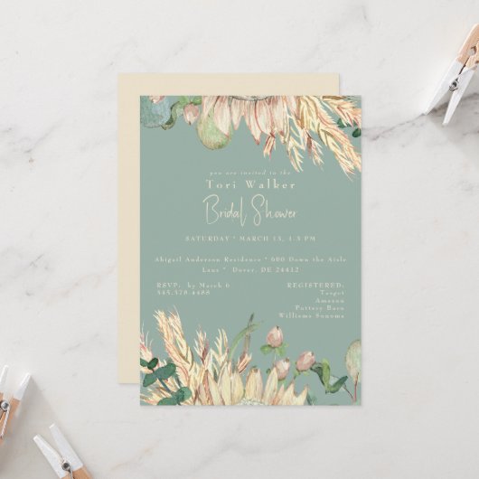 Invitation Fête des mariées Boho Pampas Sage (Devant/Arrière en situation)