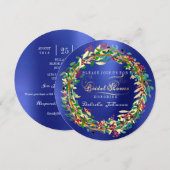 Invitation Fête des mariées Bois Cobalt Floral Vert Or (Devant / Derrière)