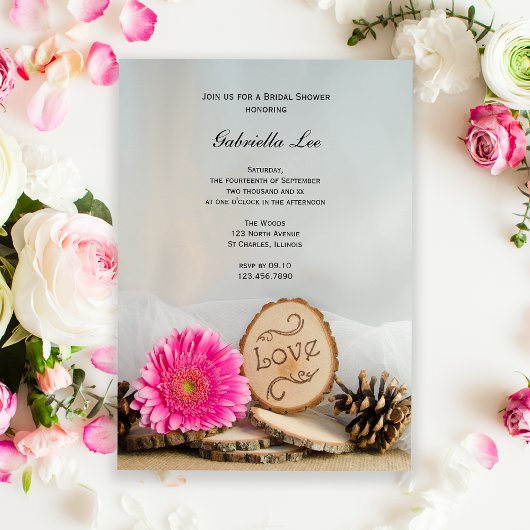 Invitation Fête des mariées bois rose rustique