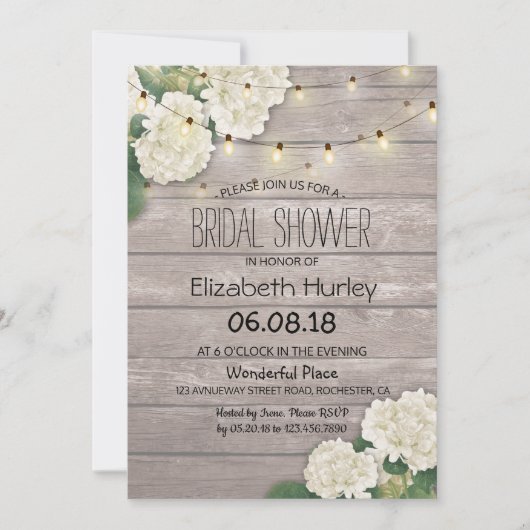 Invitation Fête des mariées Bois rustique Lumières Hydrangea (Devant)