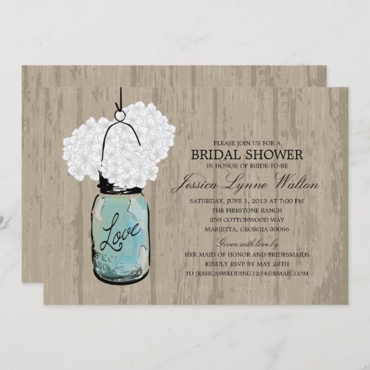 Invitation Fête des mariées Bois rustique Mason Jar Hydrangea (Devant / Derrière)