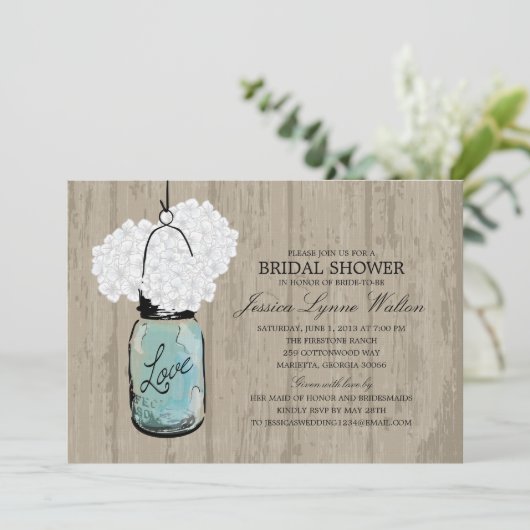 Invitation Fête des mariées Bois rustique Mason Jar Hydrangea (Debout devant)
