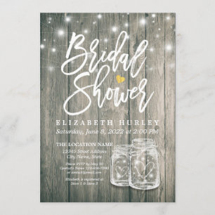 Invitation Fête des mariées Bois rustique Mason Jar Lumières 