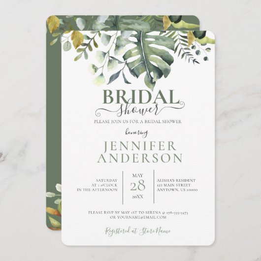 Invitation Fête des mariées botanique d'aquarelle verte (Devant / Derrière)