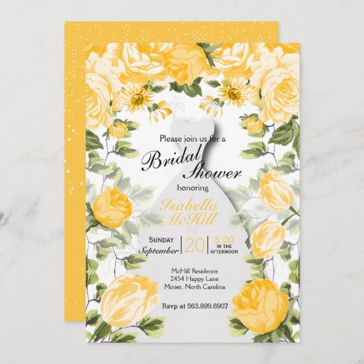 Invitation Fête des mariées - Botanique Jaune Doré Floral (Devant / Derrière)