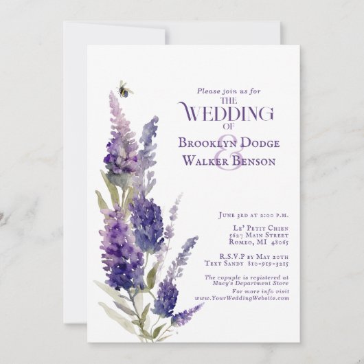 Invitation Fête des mariées Botanique Lavande Florale Violet (Devant)