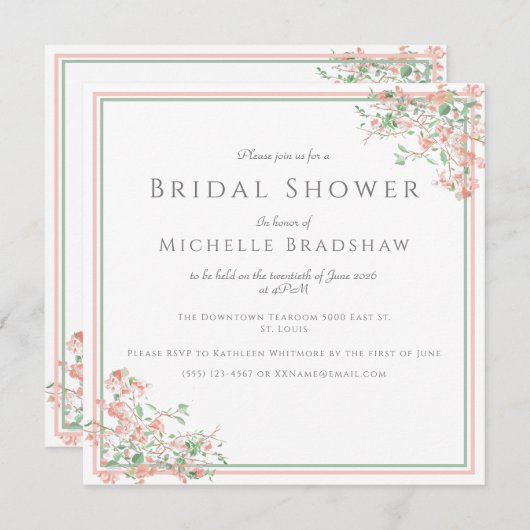 Invitation Fête des mariées Botanique rose et vert Boho (Devant / Derrière)