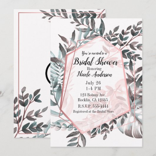 Invitation Fête des mariées botanique rose or rose (Devant / Derrière)