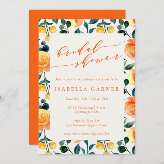 Invitation Fête des mariées botanique rustique orange (Devant / Derrière)