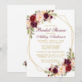 Invitation Fête des mariées Bourgogne Floral Or géométrique (Devant / Derrière)