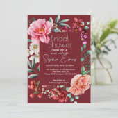 Invitation Fête des mariées Bourgogne moderne bordée de fleur (Debout devant)