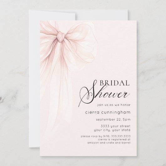 Invitation Fête des mariées Bow de coquette rose pâle (Devant)