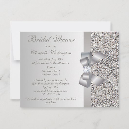 Invitation Fête des mariées Bow & Diamond Sequins Argent Impr (Dos)