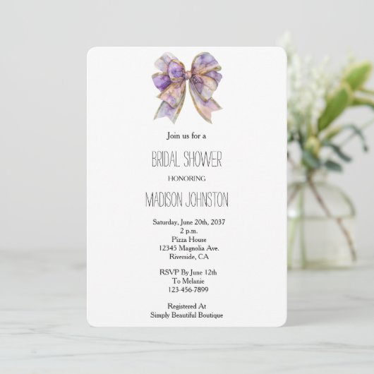 Invitation Fête des mariées Bow or violet (Debout devant)