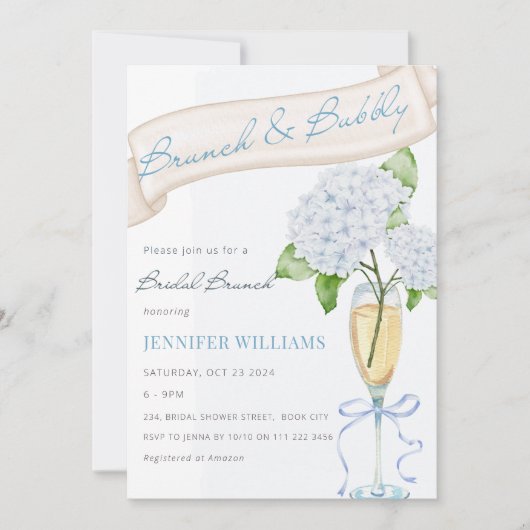 Invitation Fête des mariées Brunch & Bubbly Blue Hydrangea (Devant)