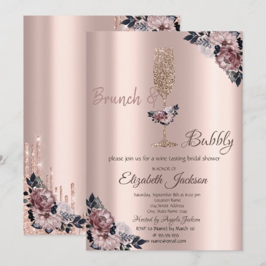 Invitation Fête des mariées Brunch & Bubbly Floral Drives (Devant / Derrière)