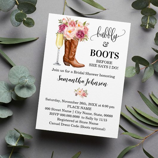 Invitation Fête des mariées Bubbly & Boots Fleurs roses