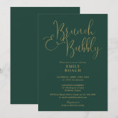 Invitation Fête des mariées Bubbly Green Gold Script Brunch (Devant / Derrière)
