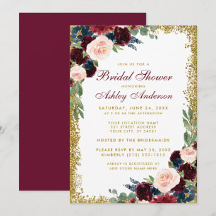 Invitation Fête des mariées Burgundy Blue Gold Parties scinti