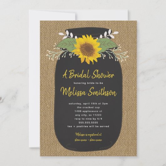 Invitation Fête des mariées Burlap Sunflower Chalk Mason Jar (Devant)