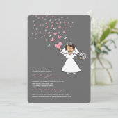 Invitation Fête des mariées Cartoon Bride Coeurs Rose Fleurs (Debout devant)