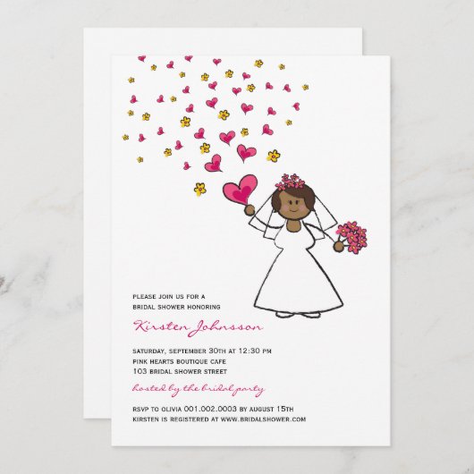 Invitation Fête des mariées Cartoon Mariée Fuchsia Coeurs (Devant / Derrière)