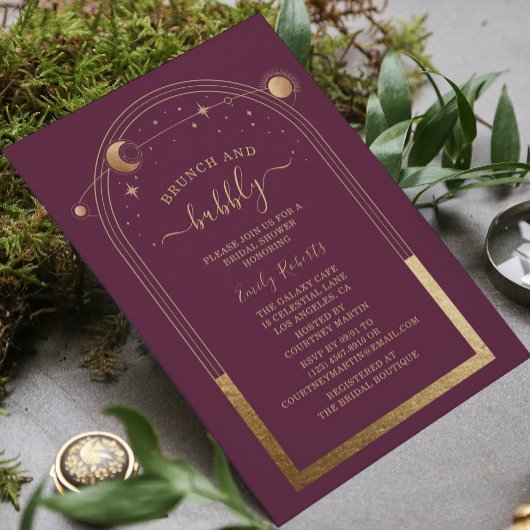 Invitation Fête des mariées céleste mystique Plum Gold