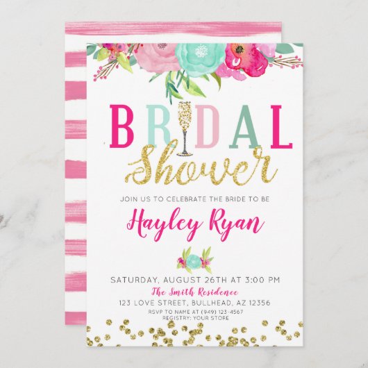 Invitation Fête des mariées Champagne Rose et Fleurs de Monna (Devant / Derrière)