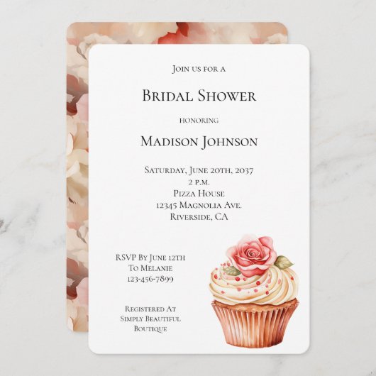 Invitation Fête des mariées Chic Blush Rose Cupcake (Devant / Derrière)