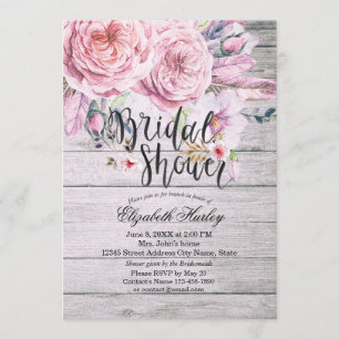 Invitation Fête des mariées Chic Boho Plumes florales Bois ru