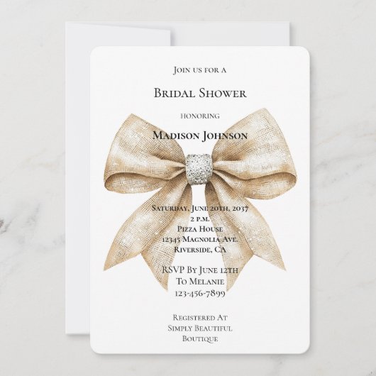 Invitation Fête des mariées chic Crème argentée Glam Bow (Devant)
