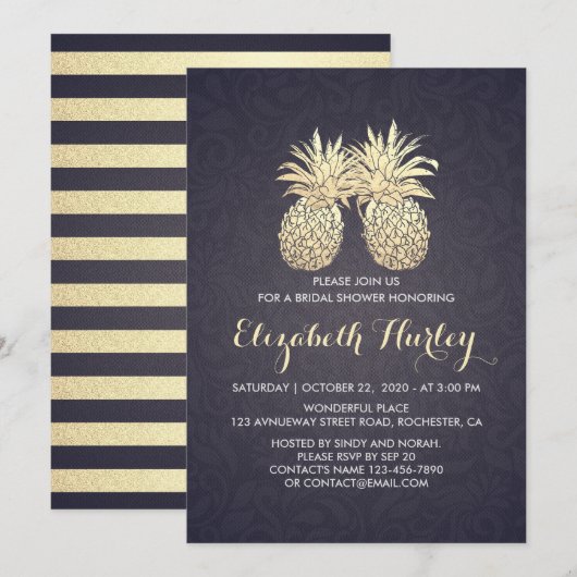 Invitation Fête des mariées Chic Gold Ananas Couple Marine Bl (Devant / Derrière)