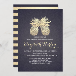 Invitation Fête des mariées Chic Gold Ananas Couple Marine Bl