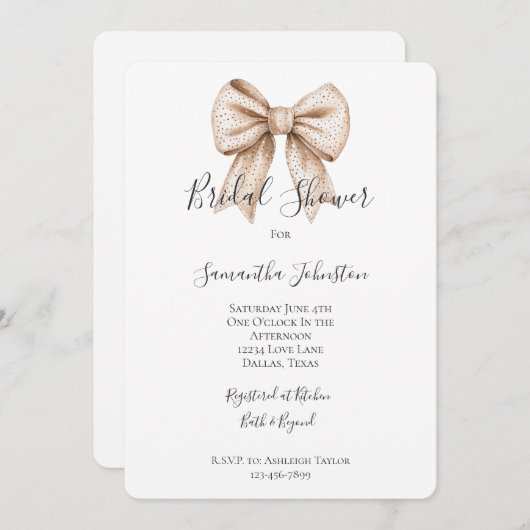 Invitation Fête des mariées Chic Peach White Bow (Devant / Derrière)