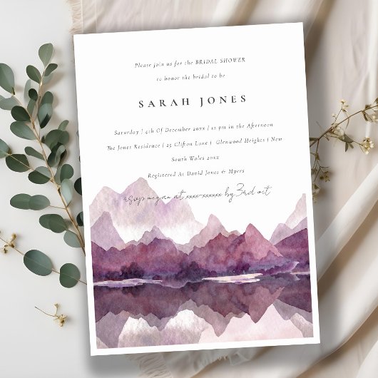 Invitation Fête des mariées Chic Purple Watercolor Mountain L