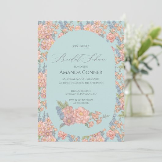 Invitation Fête des mariées chic rose et bleu shabby (Debout devant)