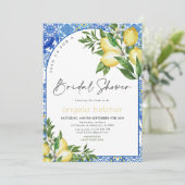 Invitation Fête des mariées citron - Carreaux bleus italiens (Debout devant)